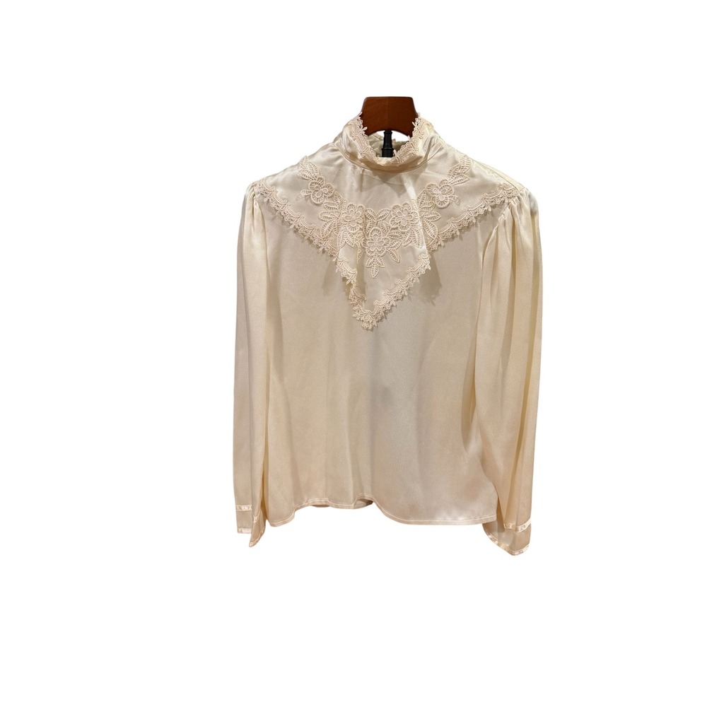 Vtg 80s Gunne Sax Jessica McClintock Cream‎ Satin Lace Blouse Victorian Top 11